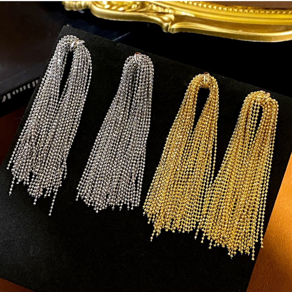 Fashionable Long Chain Tassel Earrings Gold and Silver